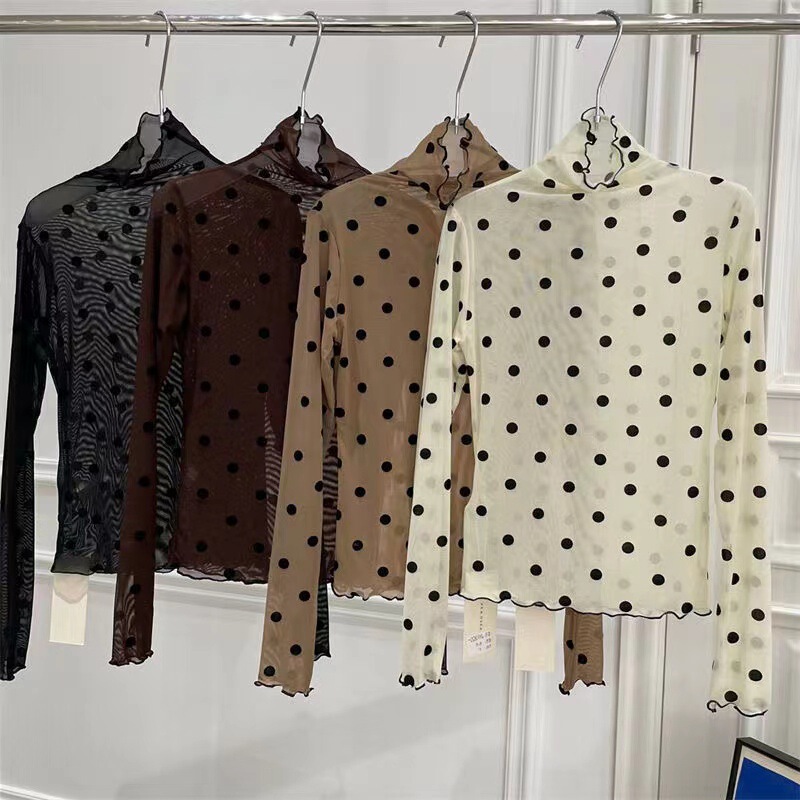 Anti-hook Silk Retro Hong Kong-style Wave Dot Mesh Base Shirt Women's Early Spring New Thin Perspective High Neck Inner T-shirt for Women