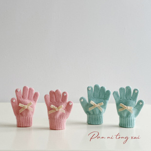 Bow Art ~ Children's Warm Gloves Winter Baby's Hand Guard Five Finger Set Girls' Western-style Knitted Gloves