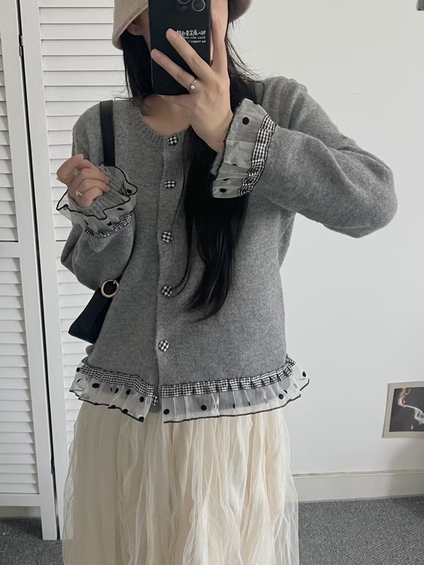 2025年女装春季新款韩系洋气针织开衫波点图案宽松慵懒风女式毛衣|undefined