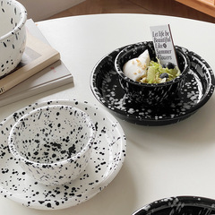 復古ins風不規則黑白潑墨陶瓷一人食餐具套裝碗盤家用酸奶燕麥碗