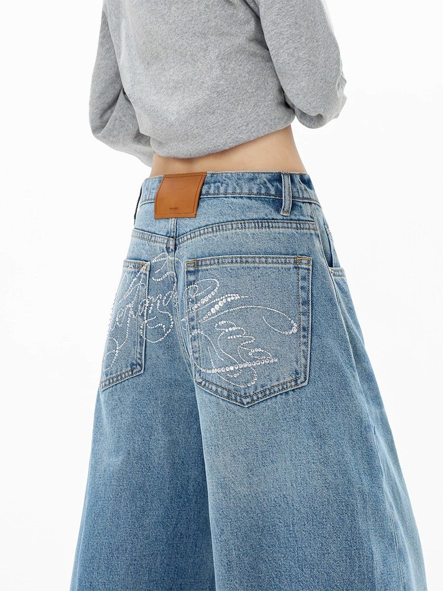 Women's American Style Washed Rhinestone Silhouette Curved Cut Jeans Loose Wide Leg Trousers Casual Cotton Polyester Denim_ecoleips.com