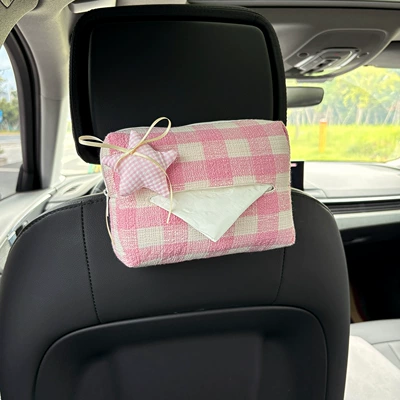 Paper Box Car Armrest Box: Car tissue box/set - ribbon-plaid-pink-five-pointed-star-plaid-tissue-paper-pink