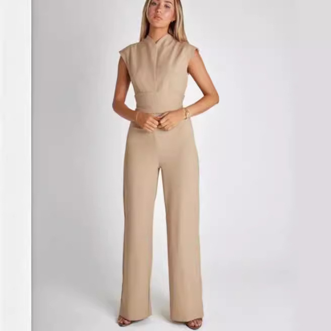 2024 Summer European and American Hot-Selling Solid Color Versatile Fashionable Sexy Women's Sleeveless Slimming Wide-Leg Jumpsuit