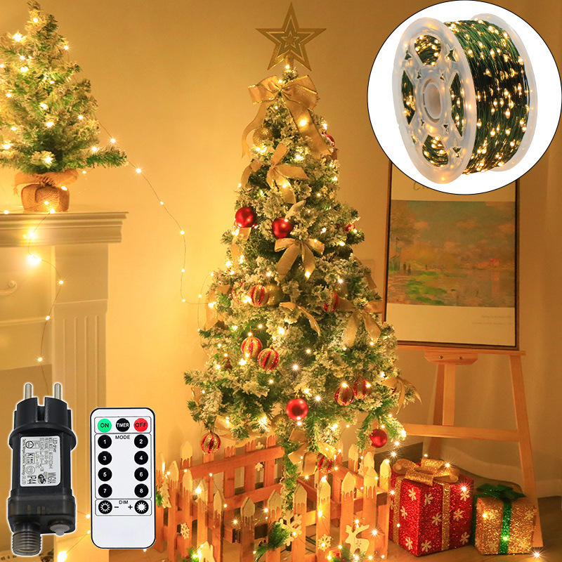 In-Stock Remote Control Christmas Tree Decoration Lights 100m Green Wire Plug-In Copper Wire Lights Led Fairy Lights String Lights