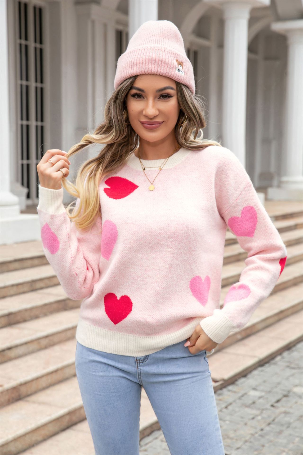 Suéter de Punto con Cuello Redondo y Corazones Pequeños de Melocotón para Mujer, Novedad Primavera 2026, Suéter de San Valentín de Amazon
