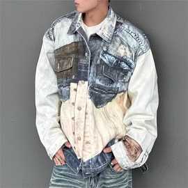美式高街ac网红同款直喷3d数码印花春秋季牛仔夹克男潮牌宽松外套