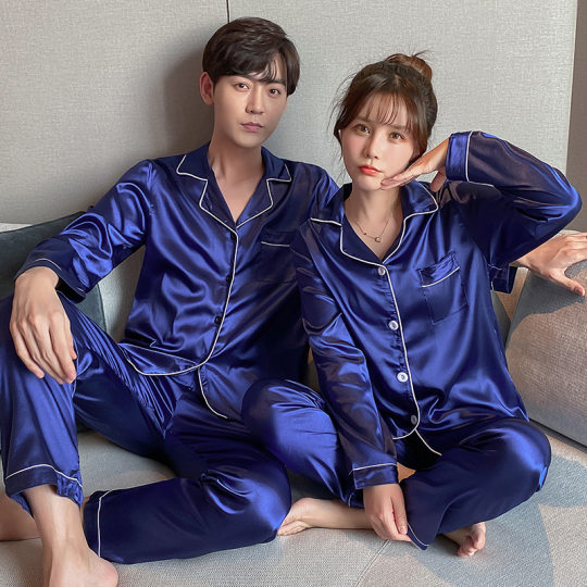 Couple Pajamas Ice Silk Summer Long Sleeve Women's Cardigan Casual Loose Spring and Autumn Men's Young and Middle-aged Plus Size Home Clothes