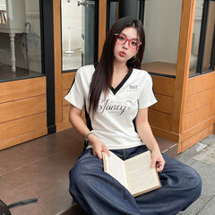 【210g 40番手純綿】コントラストカラーステッチVネック半袖トップスアメリカンスリムTシャツレディース夏新作イン