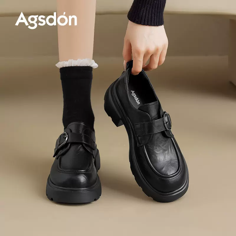 奥古狮登黑色厚底乐福鞋女2025新款秋冬季一脚蹬小皮鞋配裙子单鞋