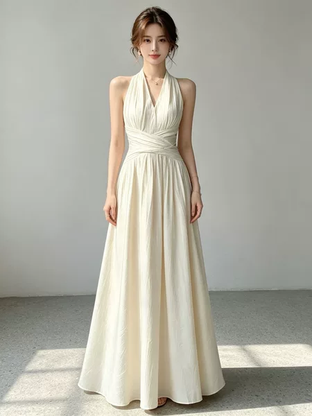 Korean-Style French Solid Color V-Neck Sleeveless Dress for Women, Summer Fashion, High-End Feel, Waist-Cinching, Slimming, Elegant Long Dress, Ins