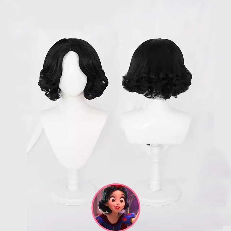 Silk Fairy Tale Snow White Cosplay Wig with Realistic Scalp Top Black Short Curly Anime Cosplay