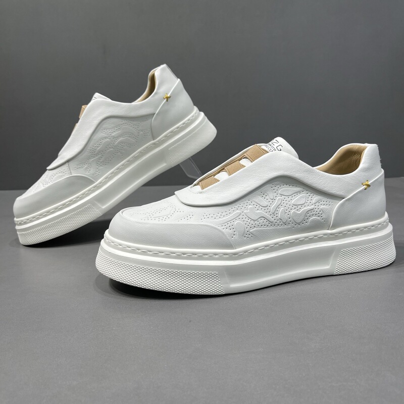Boys' Classy Accessible Luxury White Sneakers, Men's Genuine Leather White Shoes, Perforated Men's Shoes, Thick-Soled Men's Casual Shoes