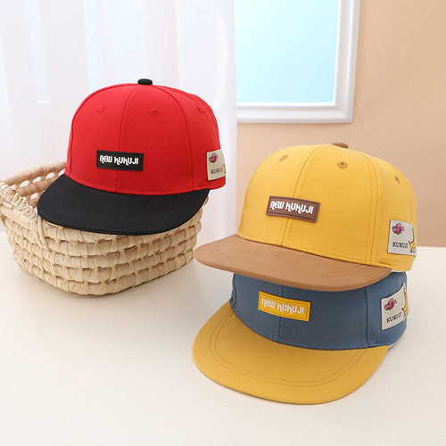  Spring New Children's Duckbill Hat Wholesale Korean Style Leather Brand Hip-Hop Hat Color Block Flat Brim Baseball Cap