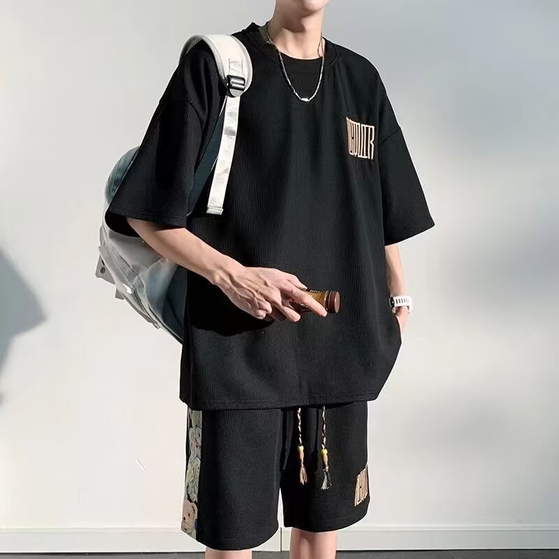 Camisas menos ropa verano nuevo estilo traje de moda nacional moda masculina holgada deportes casuales pantalones cortos de manga corta traje de dos piezas