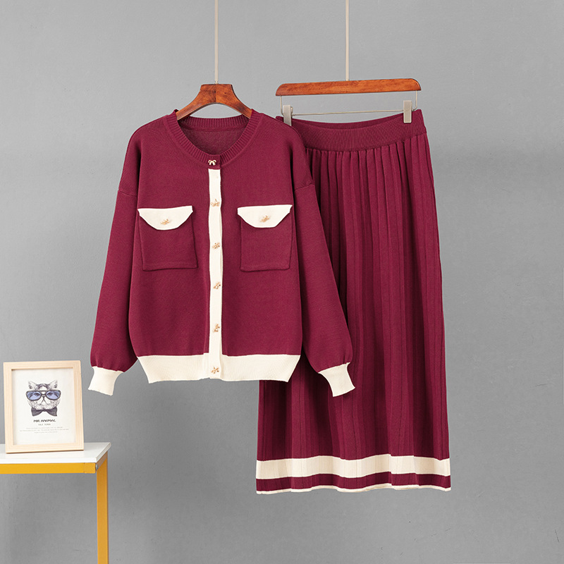 Women's Knitted Two Piece Cardigan And A-line Skirt Set Casual_voghion.com
