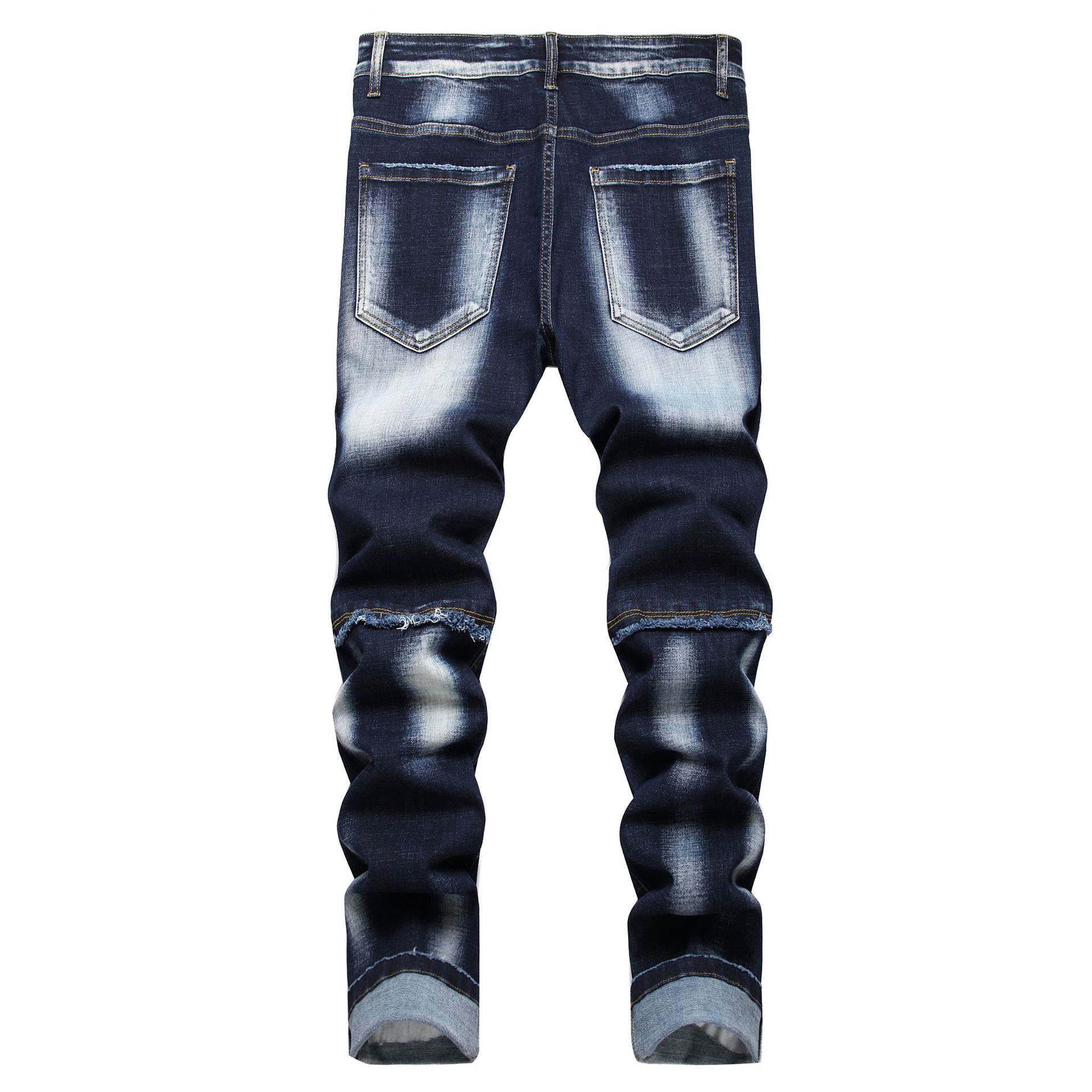 Original European and American Street Fashion Personalized Color-matching dark blue Stretch Denim Pants