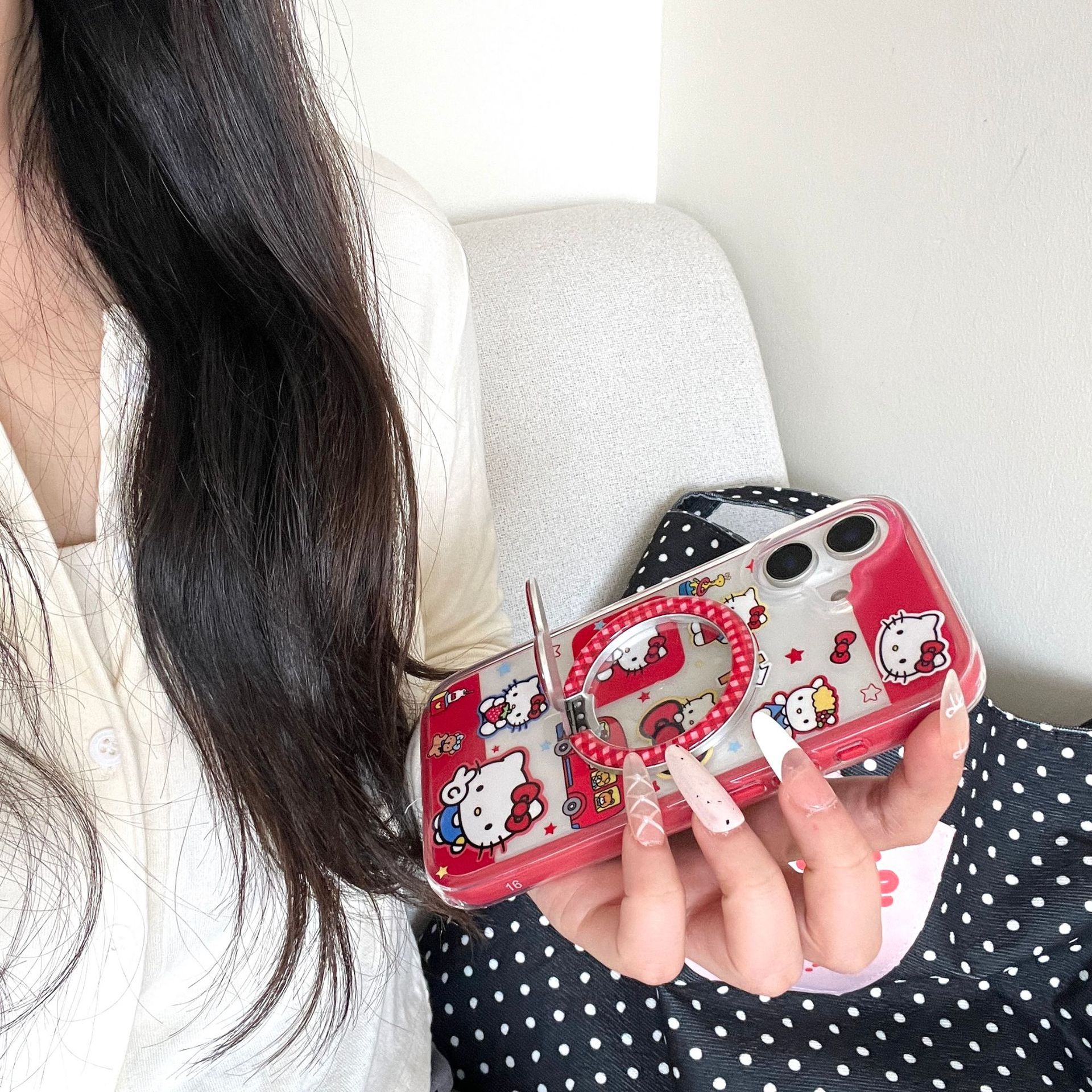 Dibujos animados lindo patrón de cuadrícula rojo amor KT gato para Apple 16ProMax funda para teléfono móvil 15Pro atracción magnética 14/13 nuevo