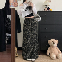 美式复古迷彩抽绳直筒半身裙女秋季2025新款时尚显瘦垂感破洞长裙