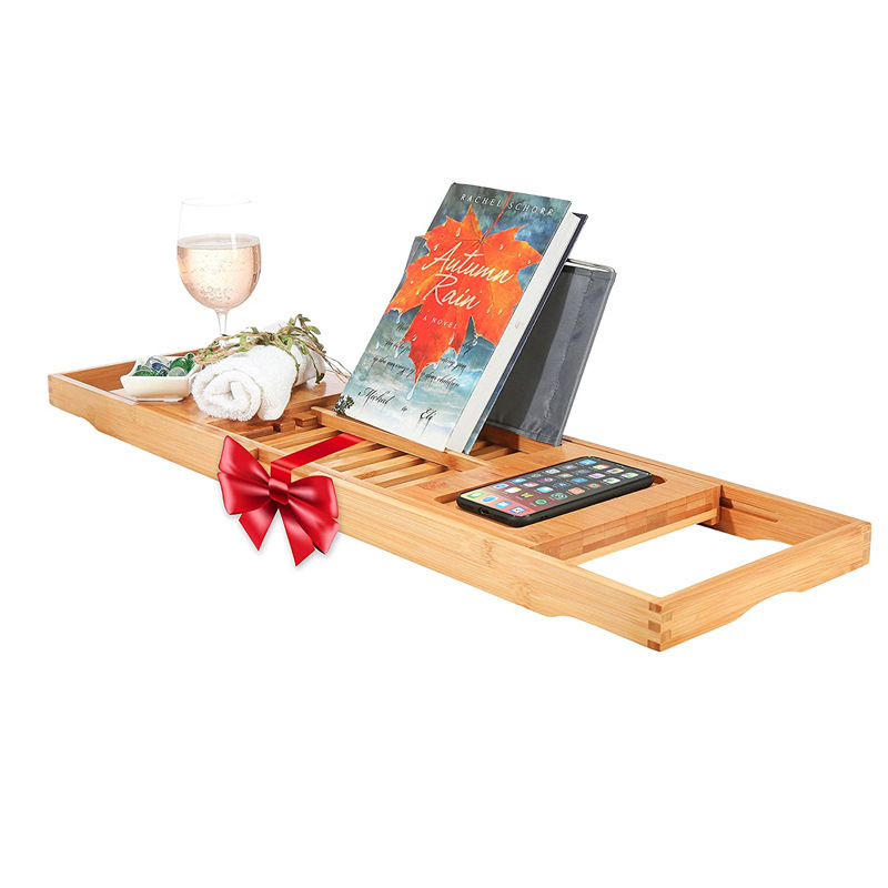 Bamboo bathtub storage box wooden bathroom tray stretchable reading rack tablet holder mobile phone tray wine cup holder
