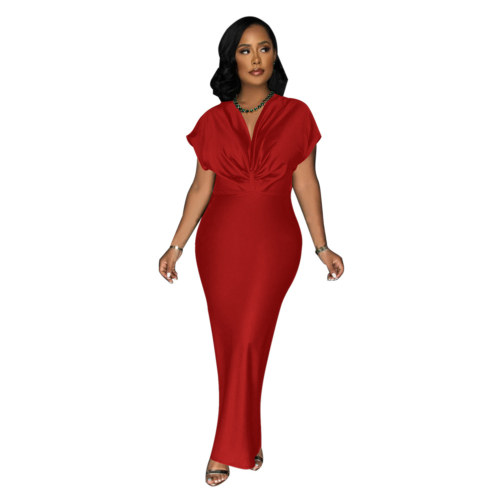 Women's V Neck Short Sleeve Dress Elegant Slim Fit with Back Slit K10697 AliExpress European And American Cross Border Fashion New_ecoleips.com