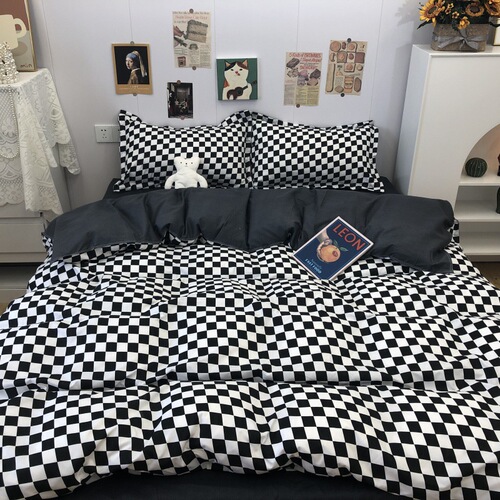 5YA1 retro checkerboard washed cotton brushed four-piece set for spring and autumn naked sleeping student dormitory quilt cover sheets for bed