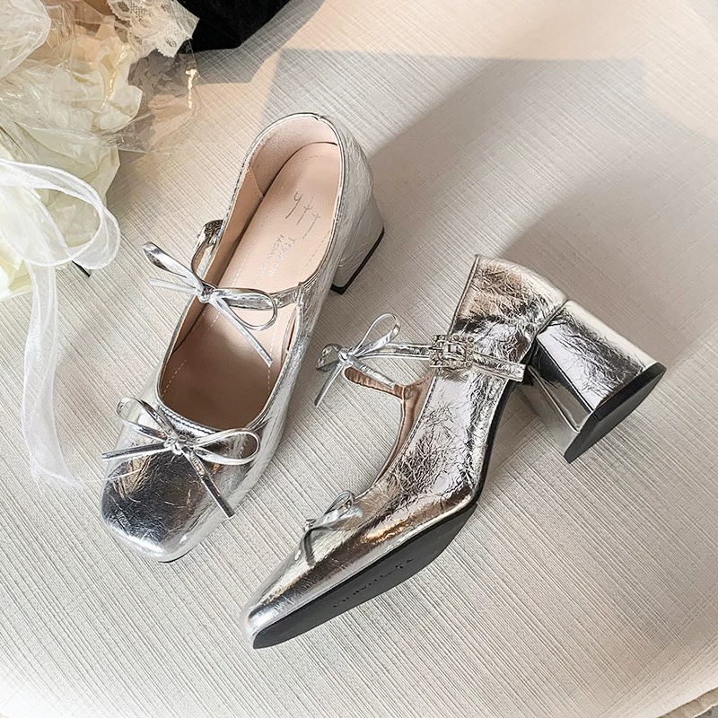 Новые весенне-летние туфли Мэри Джейн на высоком каблуке, модные ретро-туфли с квадратным носком, бантом и толстым каблуком для женщин