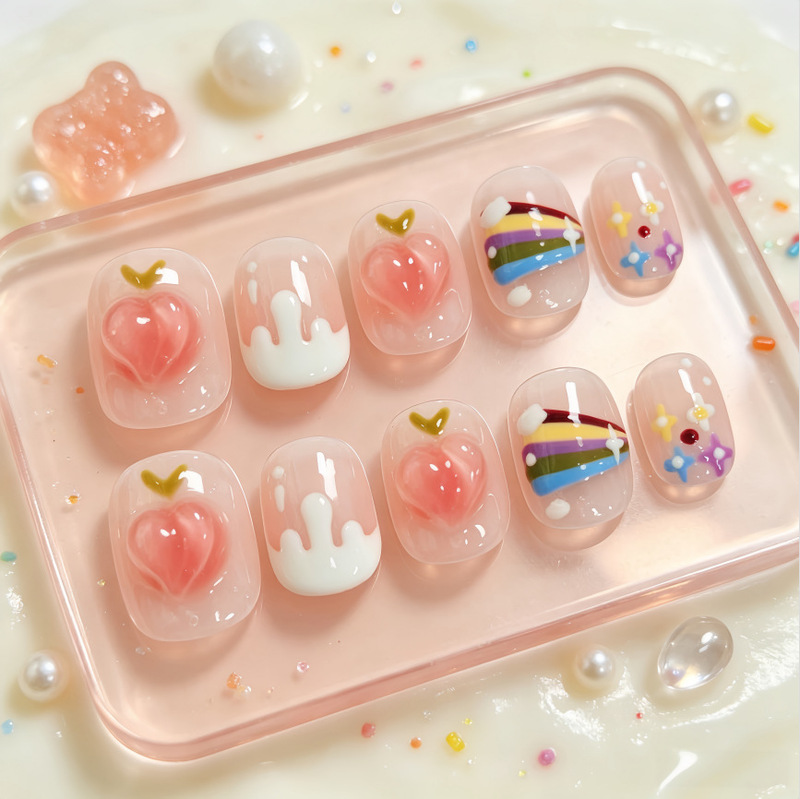 Nude color heart-shaped gradient peach rainbow cartoon handmade detachable short press-on nails Nude color heart-shaped gradient peach rainbow cartoon handmade detachable short press-on nails