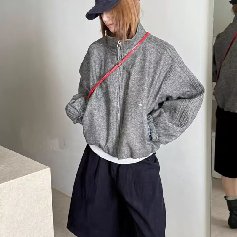 高端撞色格子袖口立领百搭宽松显瘦毛呢夹克女外套2025秋季新款潮|undefined