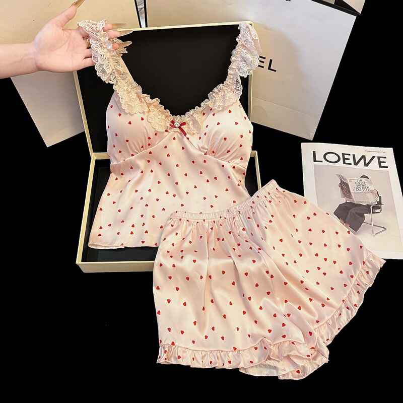 Pure Desire Style Little Red Heart Ice Silk Camisole Nightgown with Lace Trim Home Shorts Two-Piece Set Sexy Women's Pajama Set