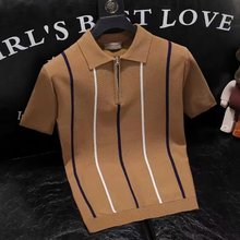 2025夏季新款冰丝针织短袖T恤男修身时尚社会条纹半袖打底衫上衣