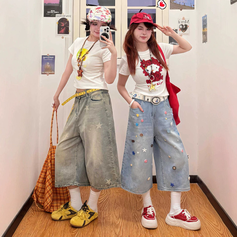 American-Style Washed Vintage Embroidered Dog Patch Cropped Jeans for Women, 2026 Summer Trendy Loose Wide-Leg Mid-Length Pants American-Style Washed Vintage Embroidered Dog Patch Cropped Jeans for Women, 2026 Summer Trendy Loose Wide-Leg Mid-Length Pants