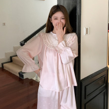 欧若拉蕾丝提花睡衣甜美法式女冰丝丝绸秋冬季舒适长袖家居服