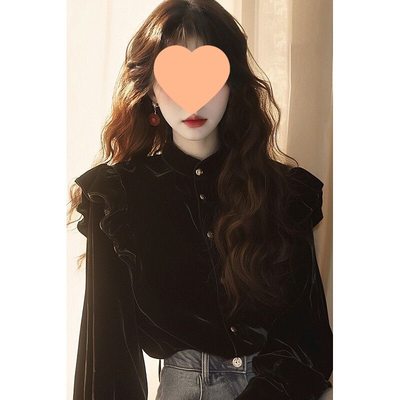 French Hepburn High-End Black Velvet Top 2025 Early Spring, Autumn and Winter New Style Beautiful Princess Unique and Good-Looking Shirt