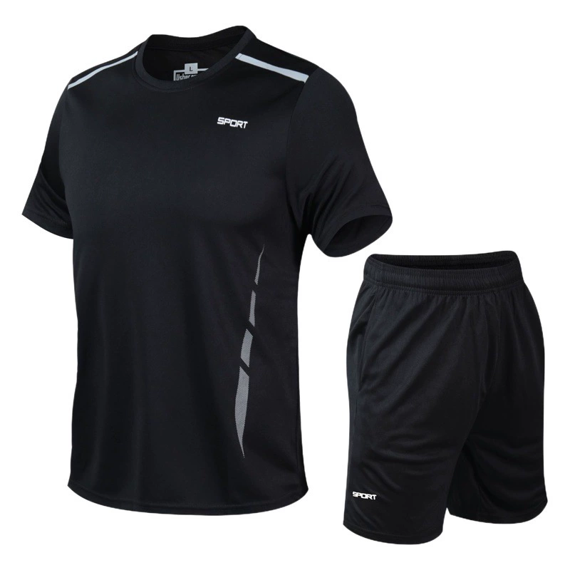 Спортивный костюм для мужчин, новый летний стиль, свободный крой, для фитнеса и бега, быстросохнущий, дышащий, с коротким рукавом, комплект из двух предметов, свободный крой.