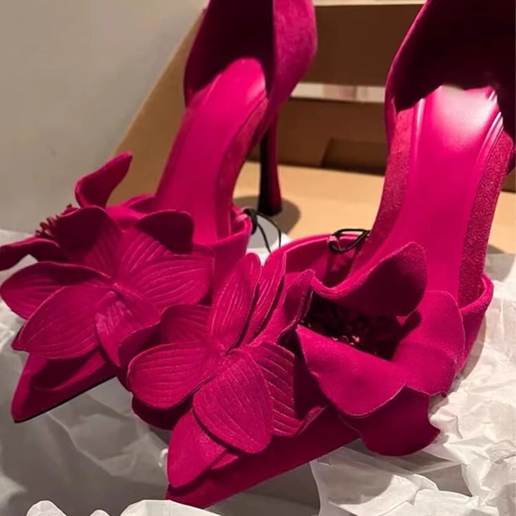 Za2024 Autum New Women's Shoes Flower Decoration Rose Red High Heels Stiletto Hollow Shallow Mouth Pointed Toe Flats Za2024 Autum New Women's Shoes Flower Decoration Rose Red High Heels Stiletto Hollow Shallow Mouth Pointed Toe Flats