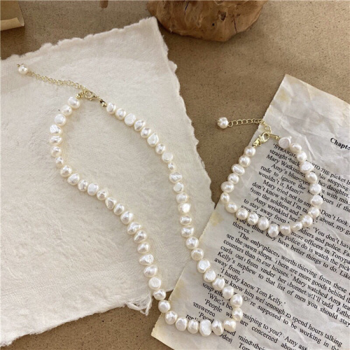Freshwater Pearl Necklace Baroque Pearl Necklace Women's Korean Style Fashion Blogger Influencer Pearl Bracelet Necklace Set