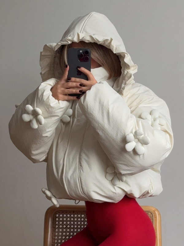 冬季立体花朵短款棉服外套百搭花边帽子白色羽绒服外穿保暖棉衣女|undefined