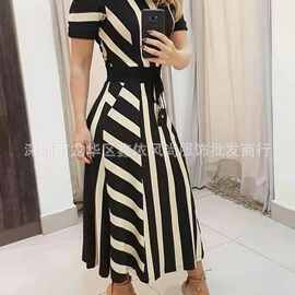 2021新款跨境亚马逊夏季款欧美条纹长款短袖女装圆领连衣裙