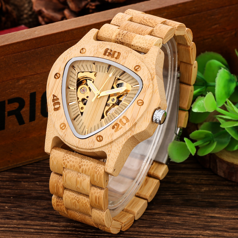 Simple Fashion Bamboo/Wooden Triangle Automatic Mechanical Wristwatch Men's Wood Bangle Folding Clasp Watch Band Timepiece Gift_voghion.com