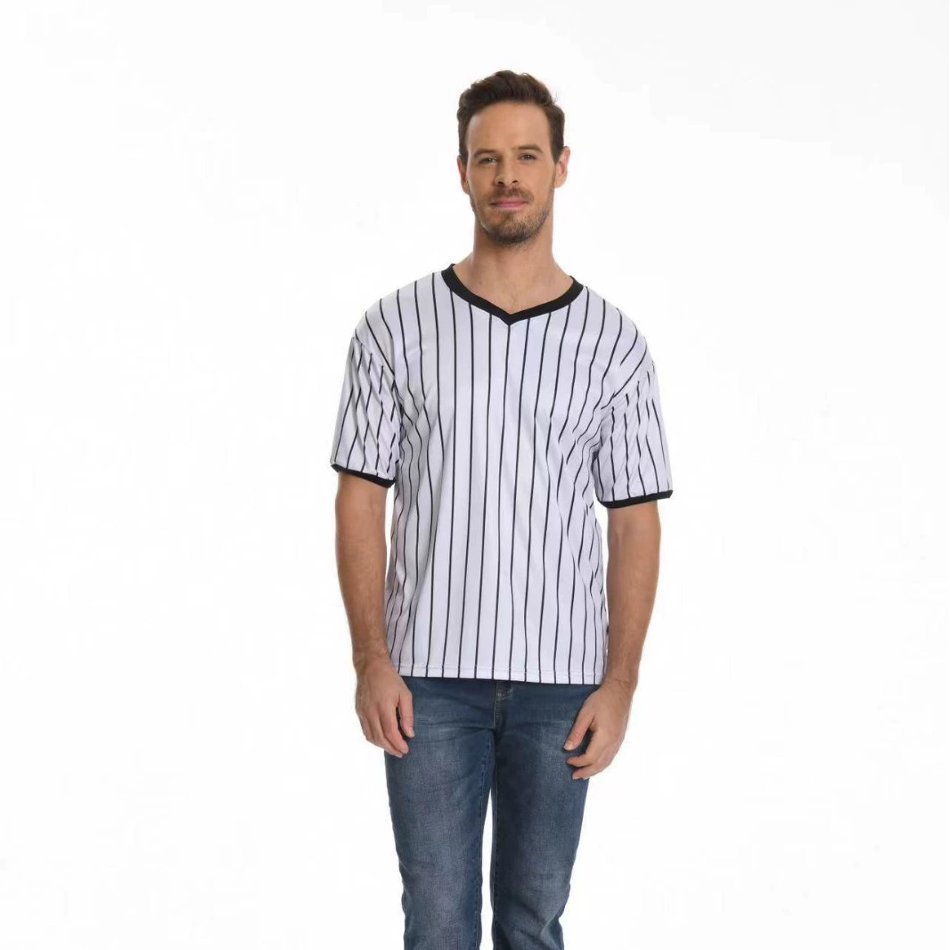 V-образный воротник производительность футболка в полоску рубашка влагопоглощающая пот с коротким рукавом баскетбольный футбольный рефери футболка в тонкую полоску