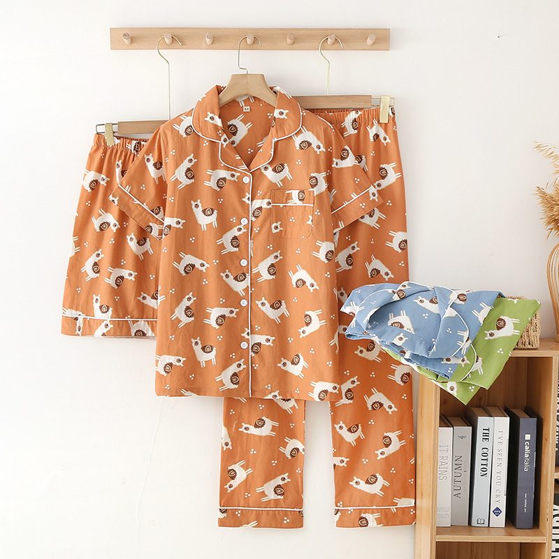 Pure Cotton Double-Layer Gauze Women's Pajamas, Summer Thin Style, Cute Alpaca Three-Piece Set, Loose and Comfortable Loungewear Set