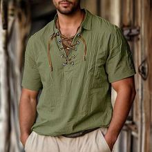 2025跨境新款欧美男式大码亚麻翻领系绳衬衣休闲时尚V领短袖衬衫