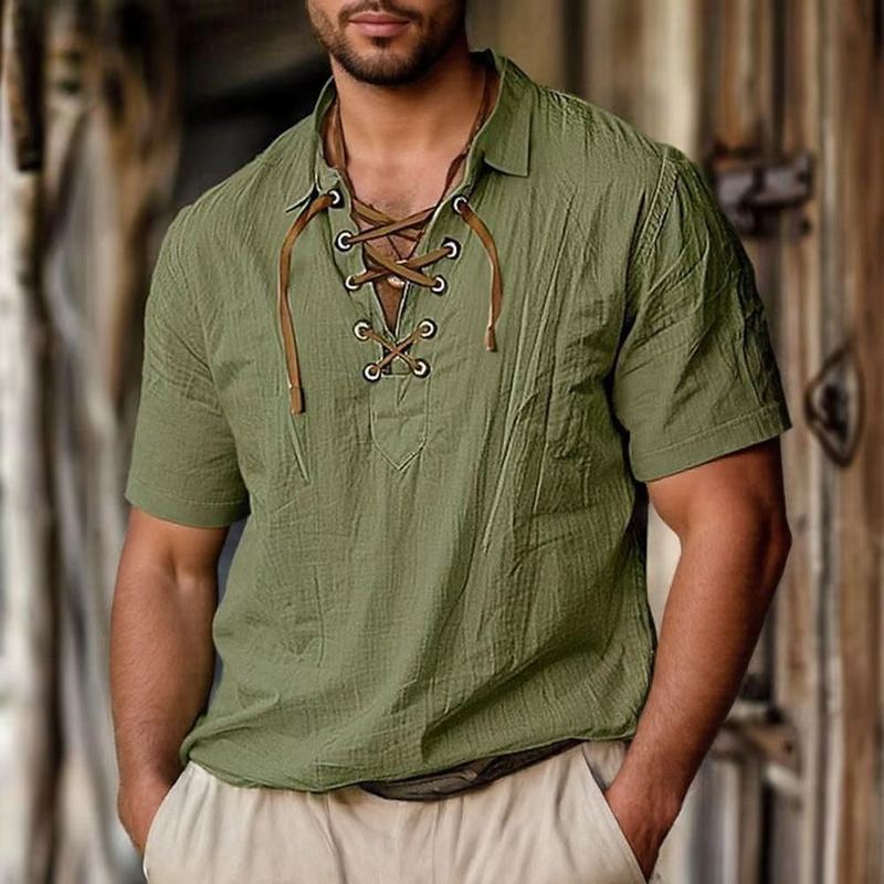 2025 Cross-Border New European and American Men's Large Size Linen Lapel Lace Shirt Casual Fashion V Neck Short-Sleeved Shirt