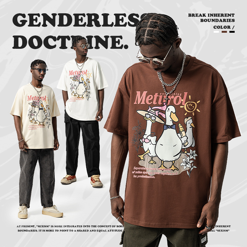 American Trendy Duck Print Kurzarm T-Shirt Herren Loose Oversize Trendy High Street Paar Vielseitiges T-Shirt_voghion.com