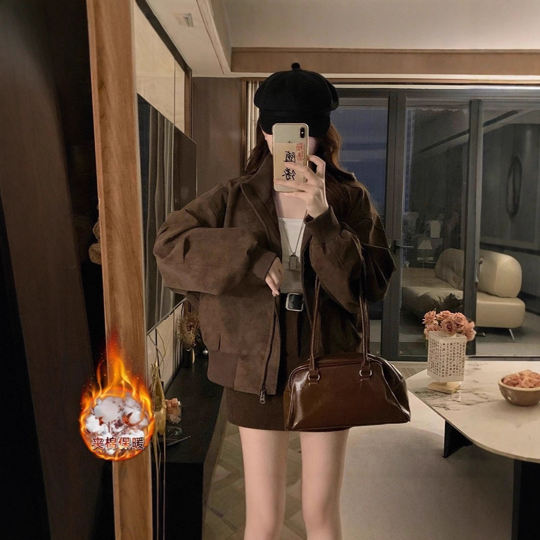 Real Shot of Koala's Same Style American Street Motorcycle Leather Jacket Quilted Jacket Women's Design Niche Loose Cotton Jacket