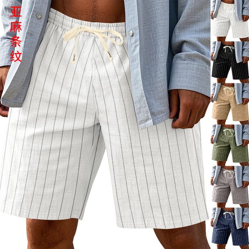 Cross-Border Summer American Loose Beach Linen Breathable Vertical Stripes Jacquard Lace-Up Men's Trendyy 5-Point Shorts for Men