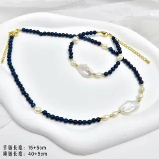 天然石巴洛克淡水珍珠青金石珠串手链项链 原创设计轻奢高级感