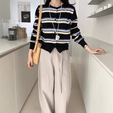 复古条纹长袖针织衫女秋季2025新款韩系设计感百搭圆领休闲上衣