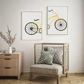 北欧现代简约黑白线条金色自行车客厅组合横幅装饰画图片画芯
