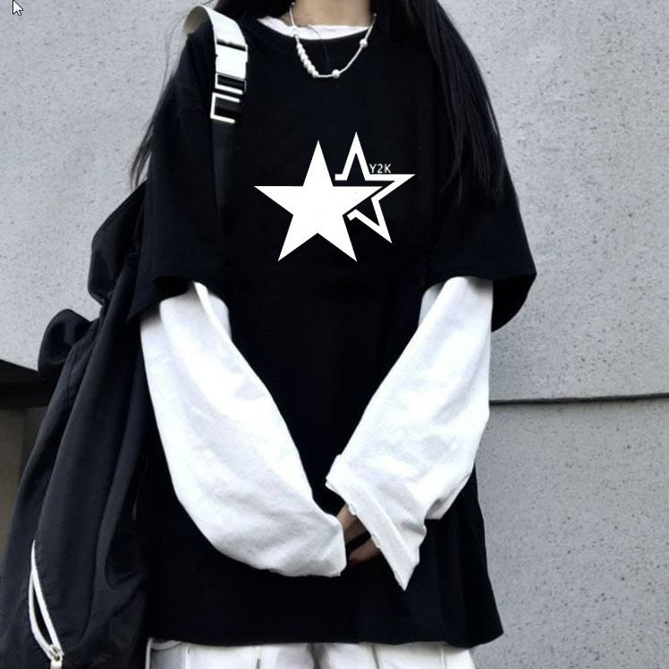 2026 Summer New Style Dark Print Pullover Top Korean Style Loose Fake Two-Piece Long-Sleeved T-Shirt for Women Wholesale